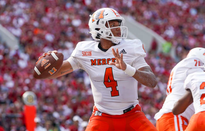 Sep 11, 2021; Tuscaloosa, Alabama, USA; Mercer Bears quarterback Fred Payton (4) throws a pass against the Alabama Crimson Tide at Bryant-Denny Stadium. Mandatory Credit: Marvin Gentry-USA TODAY Sports